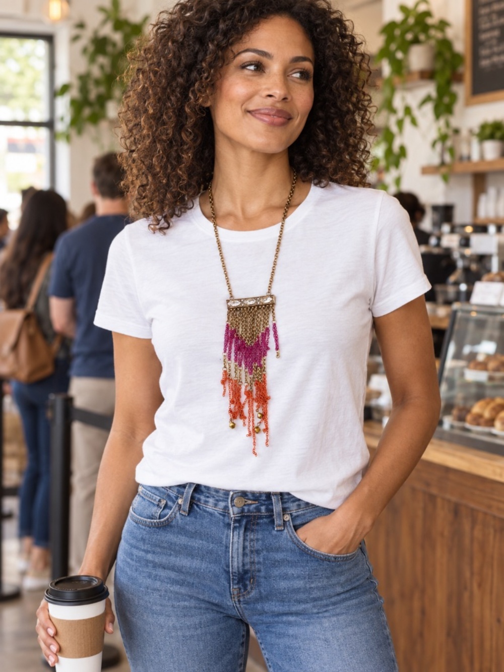 Gold Tone Necklace w/ rectangular bar pendant with ombre fringe dangling chains
